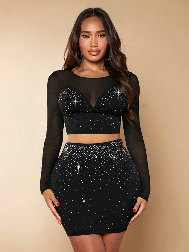 SHEIN SXY Rhinestone Mesh Insert Crop Top & Bodycon Skirt