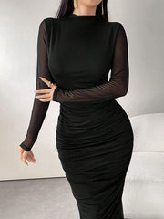 Seusyu Women's Solid Color Minimalist Long Sleeve Mesh Dress Maxi