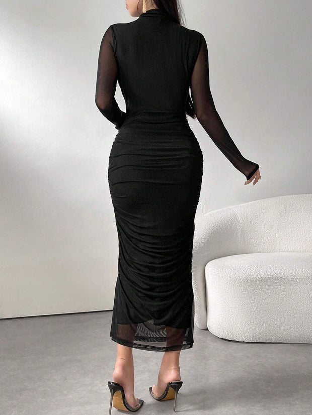 Seusyu Women's Solid Color Minimalist Long Sleeve Mesh Dress Maxi