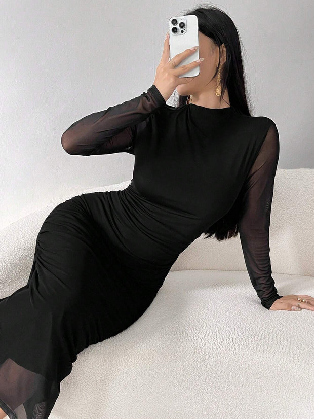 Seusyu Women's Solid Color Minimalist Long Sleeve Mesh Dress Maxi