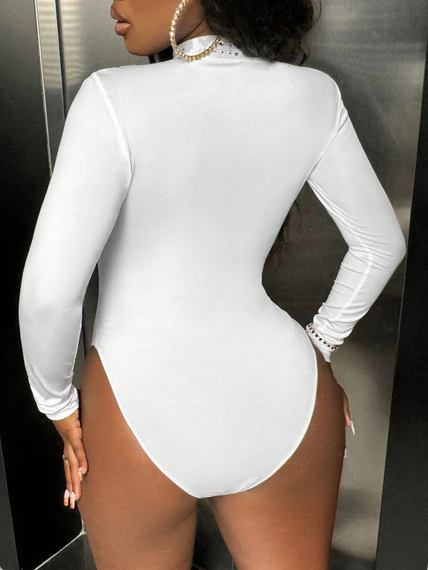 Slaydiva Women's Elegant Shimmering Rhinestone Front Sheer Long Sleeve Turtleneck Croped Women's Bodycon Bodysuit