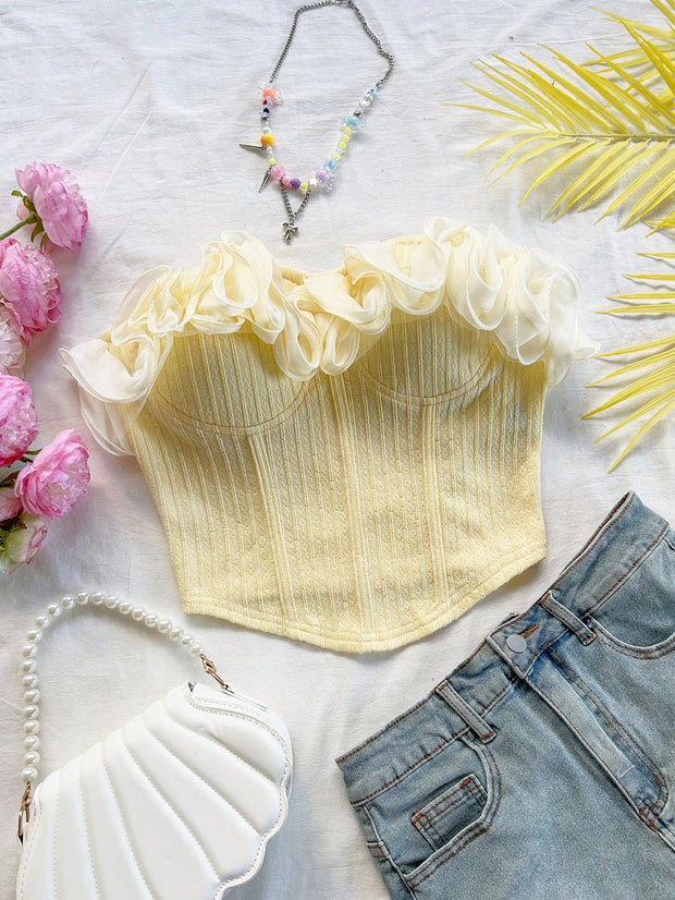 Soleia Romantic Sexy Tube Top With Golden Thread Embroidery, Sequins Decorations And Fitted Silhouette