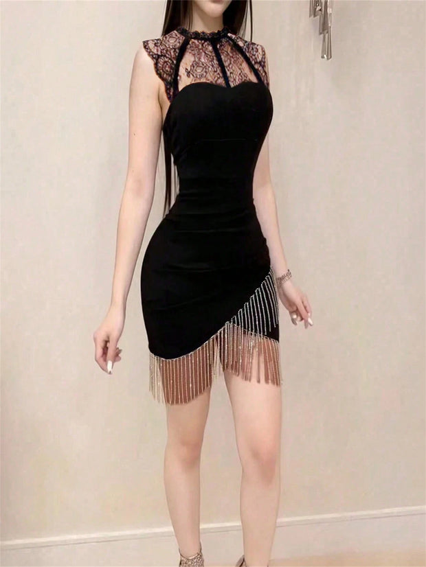 Solid Color Lace Splice Neck With Tassel Fashion Elegant Sexy Party Dress