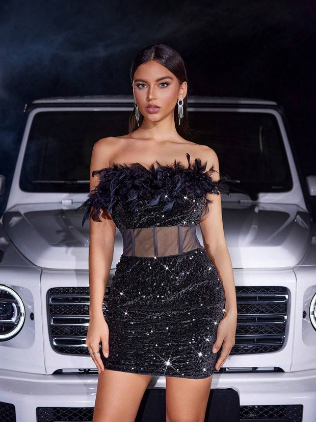 Velvet Sequin Mesh Feather Splice Backless Mermaid Zipper Back Bodycon
