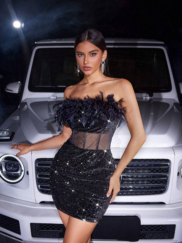 Velvet Sequin Mesh Feather Splice Backless Mermaid Zipper Back Bodycon
