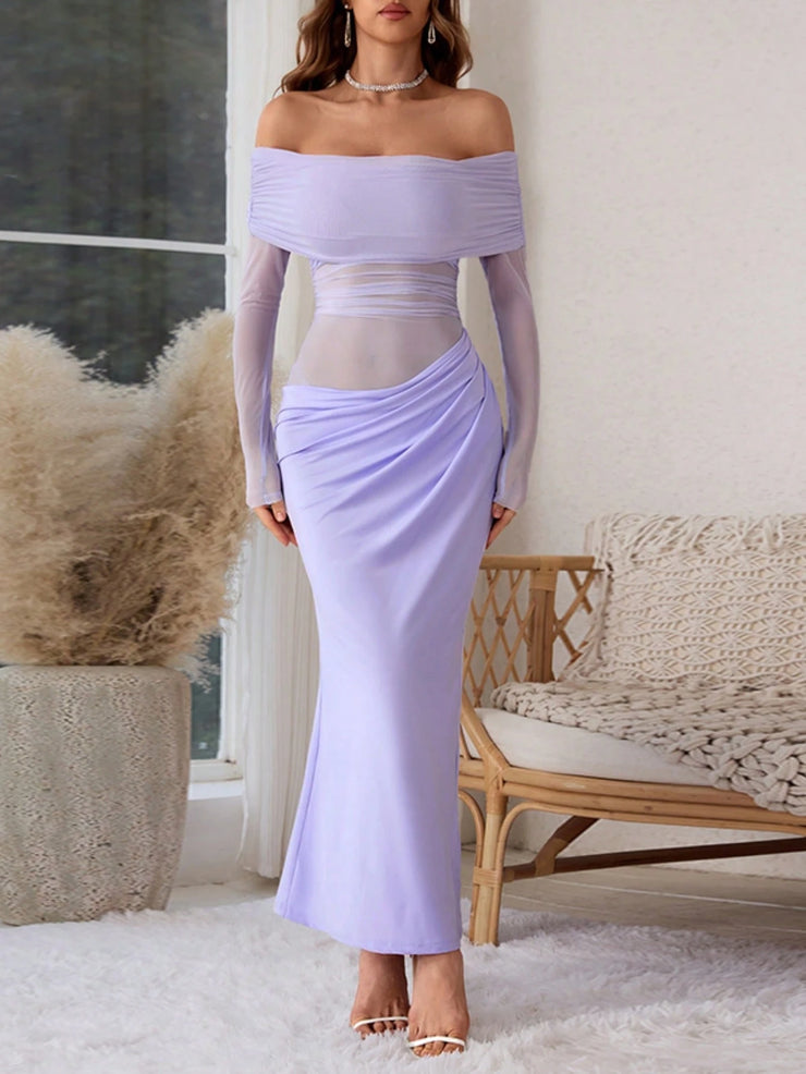 Women's Solid Color Off-Shoulder Mesh Hollow-Out Long Sexy Bodycon Dress