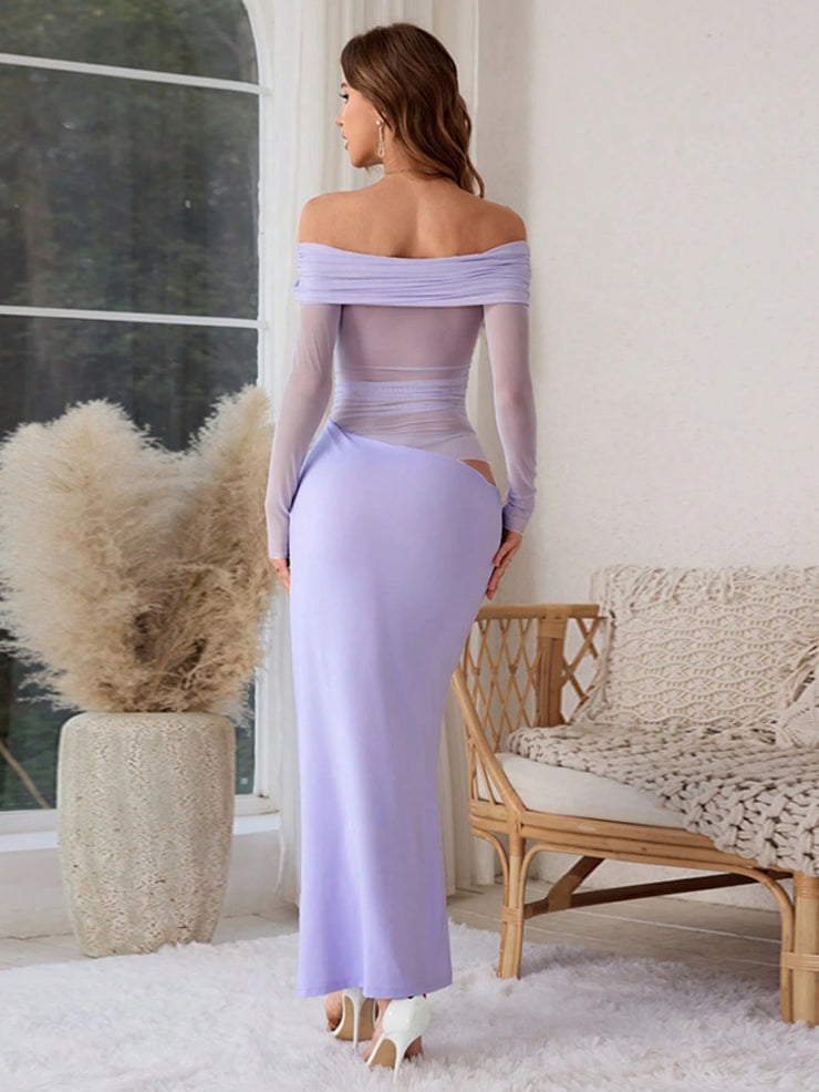 Women's Solid Color Off-Shoulder Mesh Hollow-Out Long Sexy Bodycon Dress