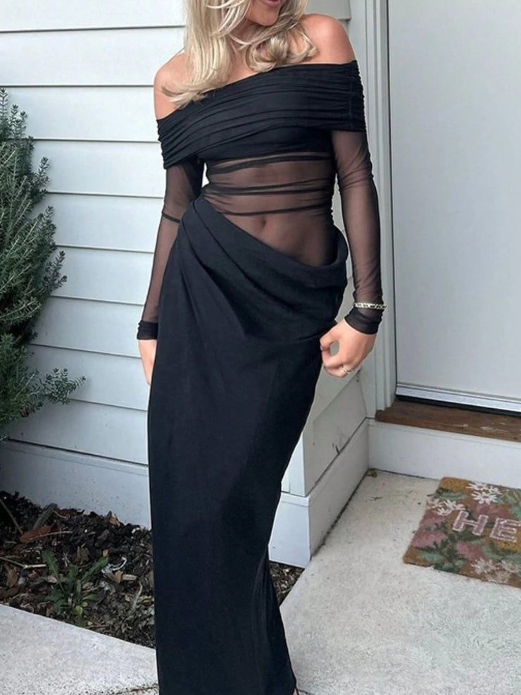 Women's Solid Color Off-Shoulder Mesh Hollow-Out Long Sexy Bodycon Dress