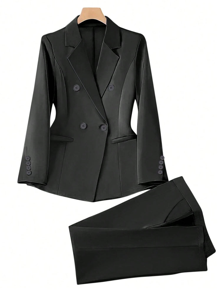 Women's Spring/Autumn Double-Breasted Long Sleeve Blazer & Trouser Suit Set