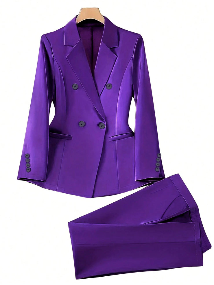 Women's Spring/Autumn Double-Breasted Long Sleeve Blazer & Trouser Suit Set