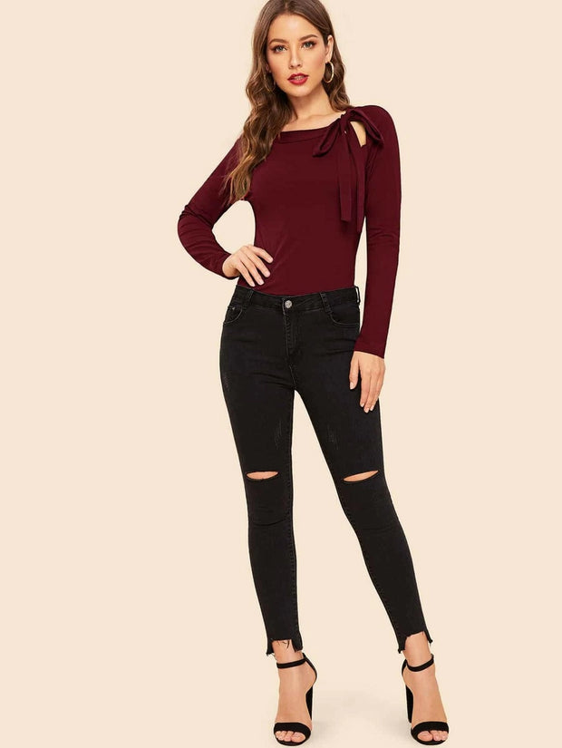 Felegant Tie Neck Raglan Sleeve Top - Hues
