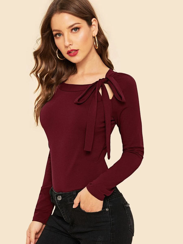 Felegant Tie Neck Raglan Sleeve Top - Hues