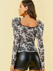 BAE Gigot Sleeve Ruched Floral Mesh Top - Hues