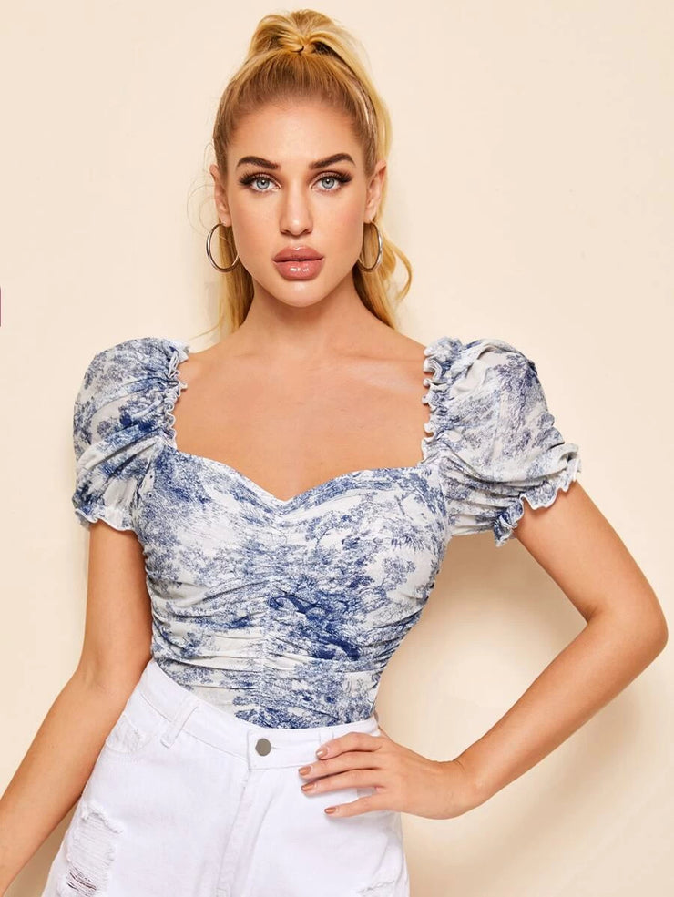 Unity Ruched Landscape Print Mesh Milkmaid Top - Hues
