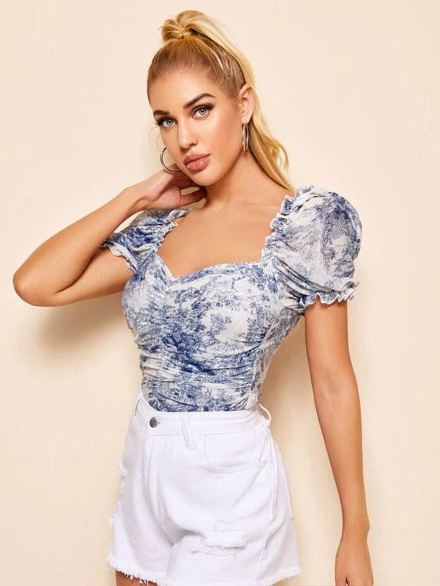 Unity Ruched Landscape Print Mesh Milkmaid Top - Hues