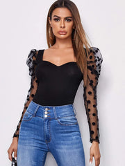Felegant Sweetheart Neck Polka Dot Flocked Mesh Gigot Sleeve Top - Hues