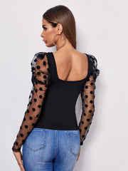 Felegant Sweetheart Neck Polka Dot Flocked Mesh Gigot Sleeve Top - Hues