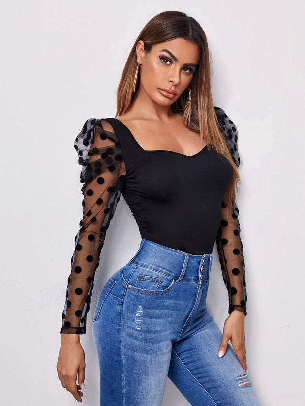 Felegant Sweetheart Neck Polka Dot Flocked Mesh Gigot Sleeve Top - Hues