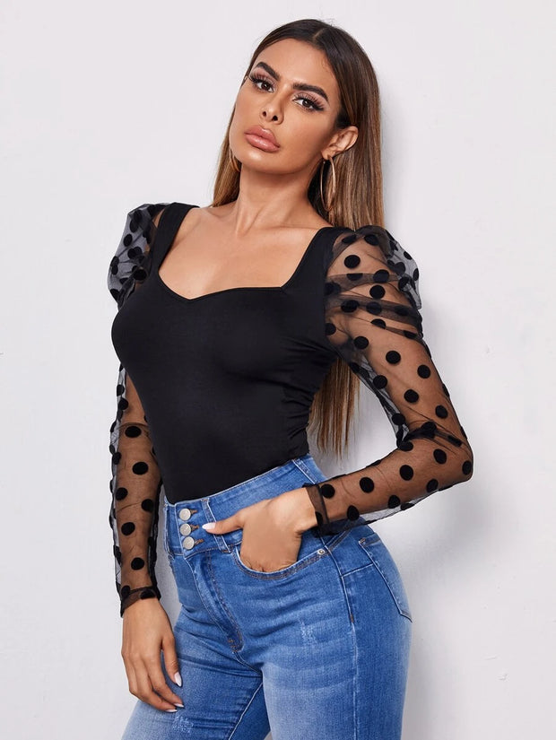 Felegant Sweetheart Neck Polka Dot Flocked Mesh Gigot Sleeve Top - Hues