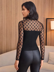 SHEIN Felegant Mock-neck Sheer Dobby Mesh Yoke Fitted Top - Hues