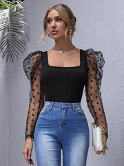 Unity Flocked Polka Dot Mesh Gigot Sleeve Top - Hues