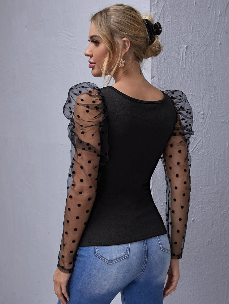 Unity Flocked Polka Dot Mesh Gigot Sleeve Top - Hues