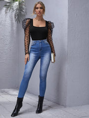 Unity Flocked Polka Dot Mesh Gigot Sleeve Top - Hues