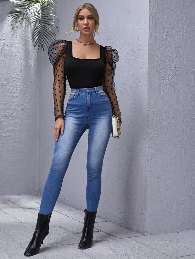 Unity Flocked Polka Dot Mesh Gigot Sleeve Top - Hues