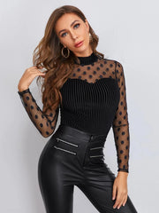 Felegant Mock Neck Dobby Mesh Rib-knit Velvet Tee - Hues