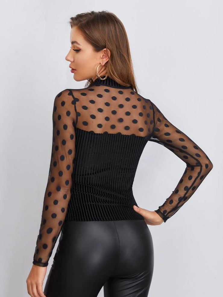 Felegant Mock Neck Dobby Mesh Rib-knit Velvet Tee - Hues