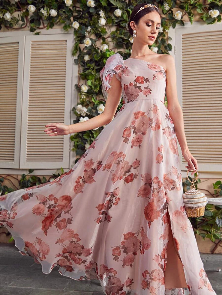 Hues VCAY One Shoulder Knot Side Floral Dress - Hues