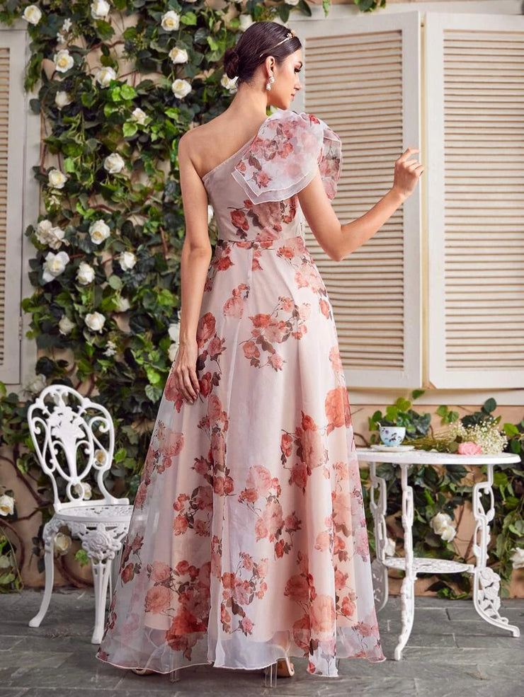Hues VCAY One Shoulder Knot Side Floral Dress - Hues
