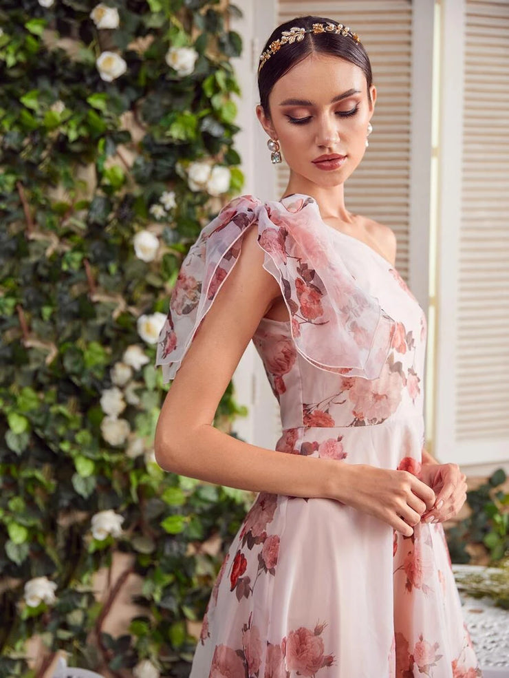 Hues VCAY One Shoulder Knot Side Floral Dress - Hues