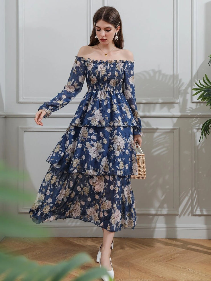 Allover Floral Print Off The Shoulder Shirred Layered Hem Dress - Hues