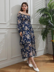 Allover Floral Print Off The Shoulder Shirred Layered Hem Dress - Hues