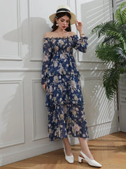 Allover Floral Print Off The Shoulder Shirred Layered Hem Dress - Hues