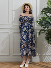 Allover Floral Print Off The Shoulder Shirred Layered Hem Dress - Hues