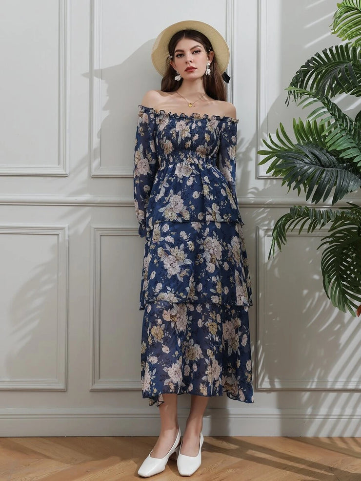 Allover Floral Print Off The Shoulder Shirred Layered Hem Dress - Hues