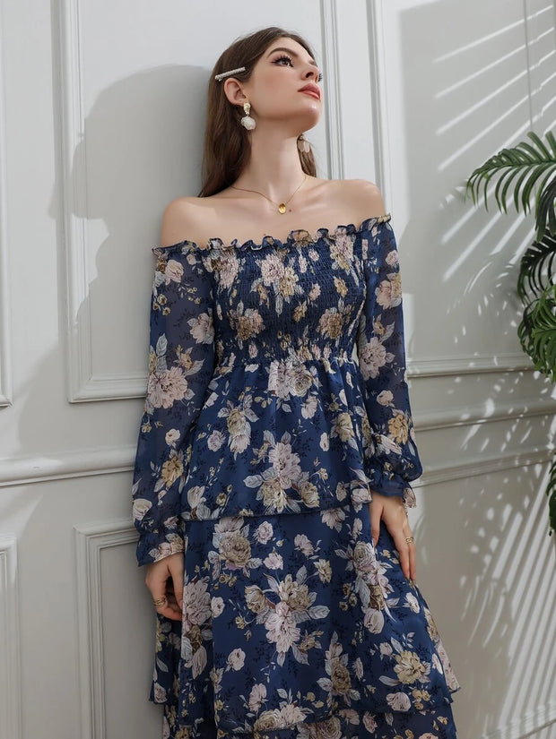 Allover Floral Print Off The Shoulder Shirred Layered Hem Dress - Hues