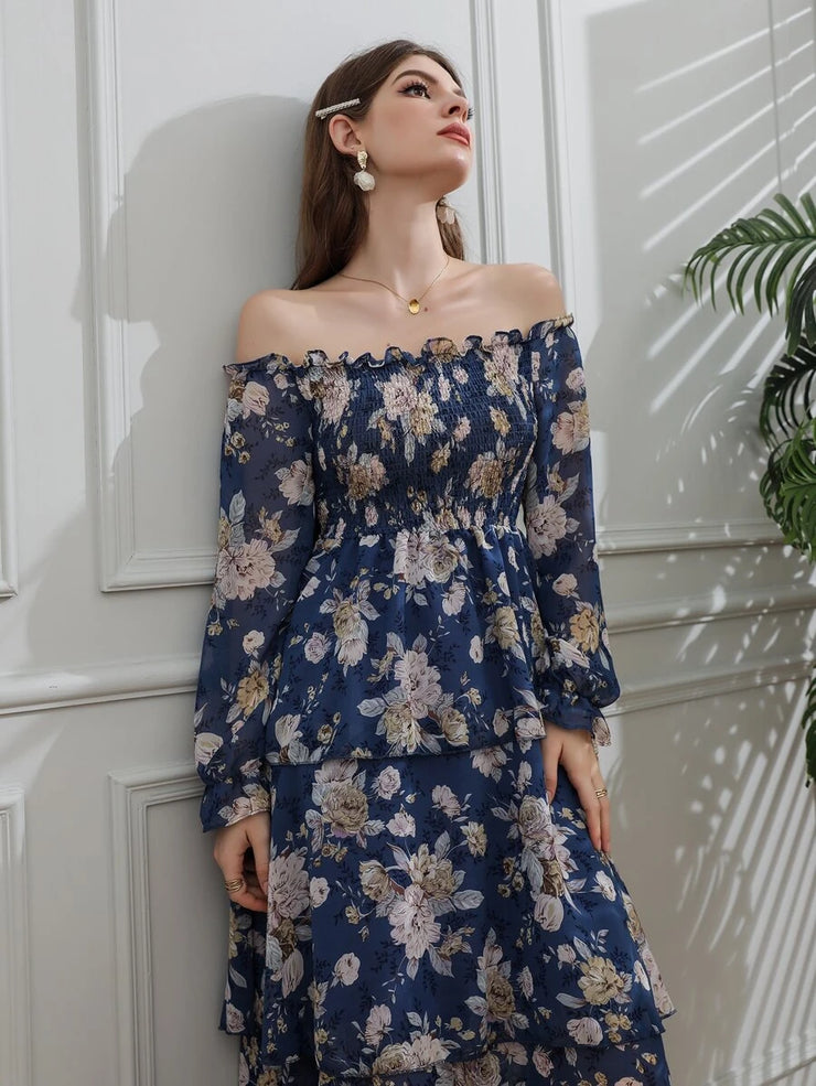 Allover Floral Print Off The Shoulder Shirred Layered Hem Dress - Hues