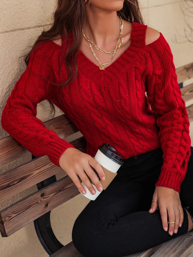 Cable Knit V Neck Cutout Sweater - Hues