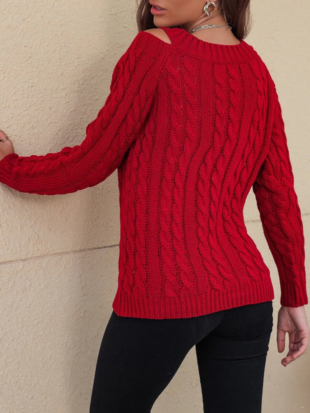 Cable Knit V Neck Cutout Sweater - Hues