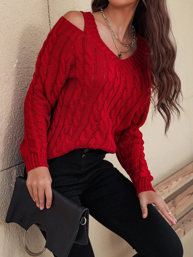 Cable Knit V Neck Cutout Sweater - Hues