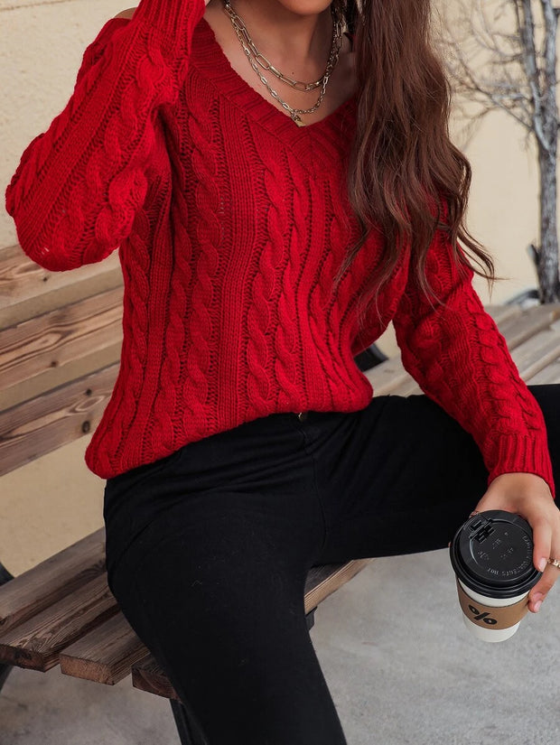 Cable Knit V Neck Cutout Sweater - Hues