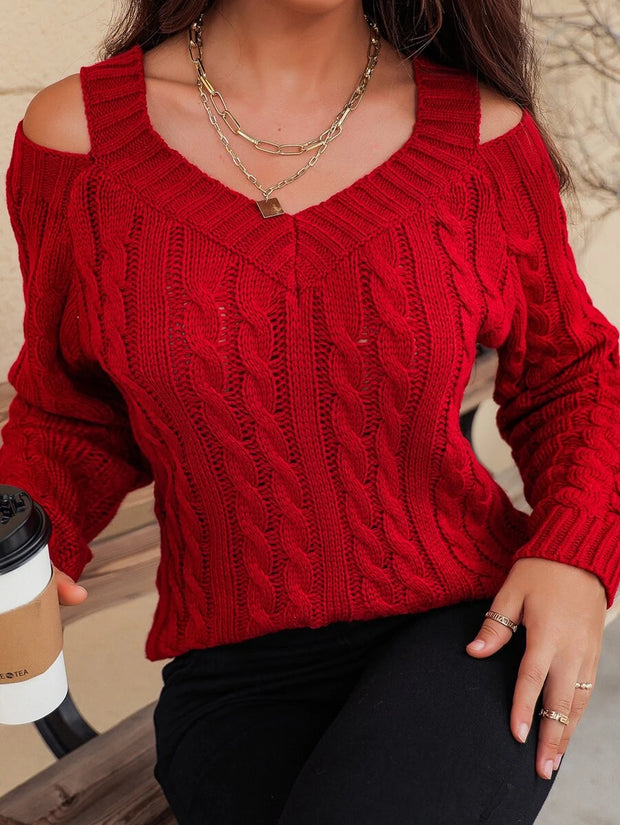 Cable Knit V Neck Cutout Sweater - Hues
