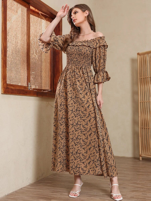 Allover Print Shirred A-line Dress - Hues