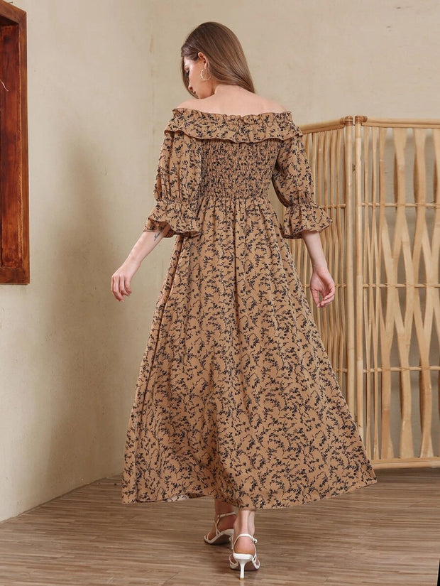 Allover Print Shirred A-line Dress - Hues