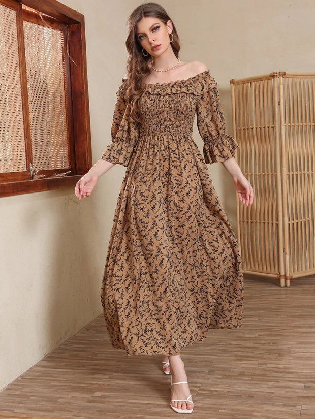 Allover Print Shirred A-line Dress - Hues