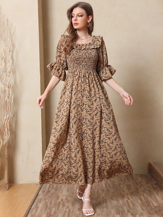 Allover Print Shirred A-line Dress - Hues