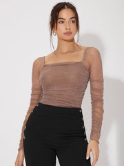 Felegant Mesh Panel Ruched Glitter Top. - Hues